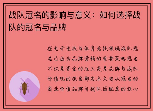 战队冠名的影响与意义：如何选择战队的冠名与品牌