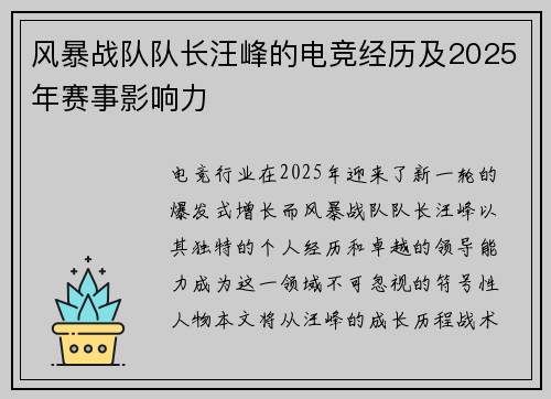 风暴战队队长汪峰的电竞经历及2025年赛事影响力